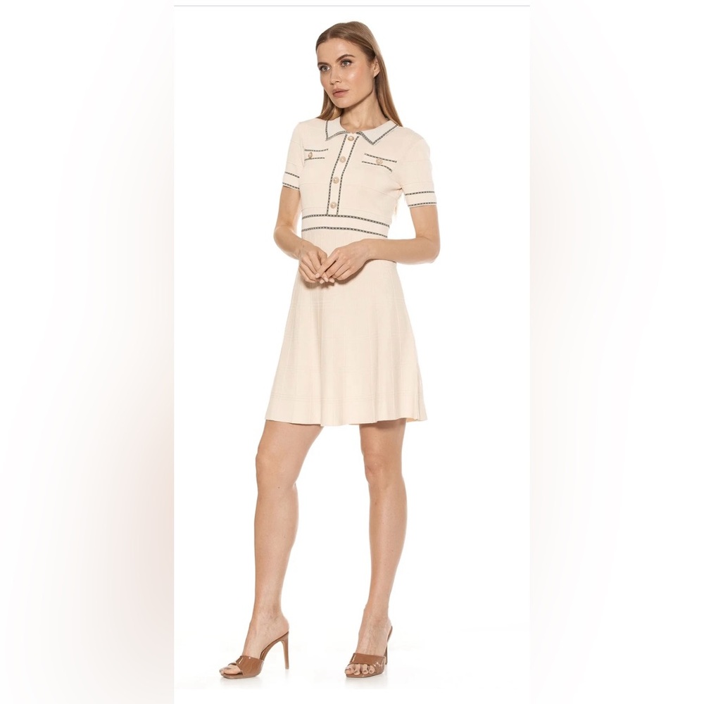 Alexia Admor Bianca Mini Dress Size XL Cream with Black Trim Gold Buttons. NWT